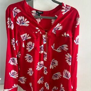 Express Red Floral Zip Front Blouse Size Medium